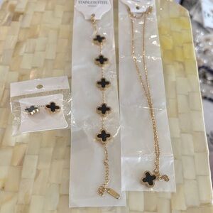 Set- Earrings, Bracelet, Necklace- Gold & Black Clover